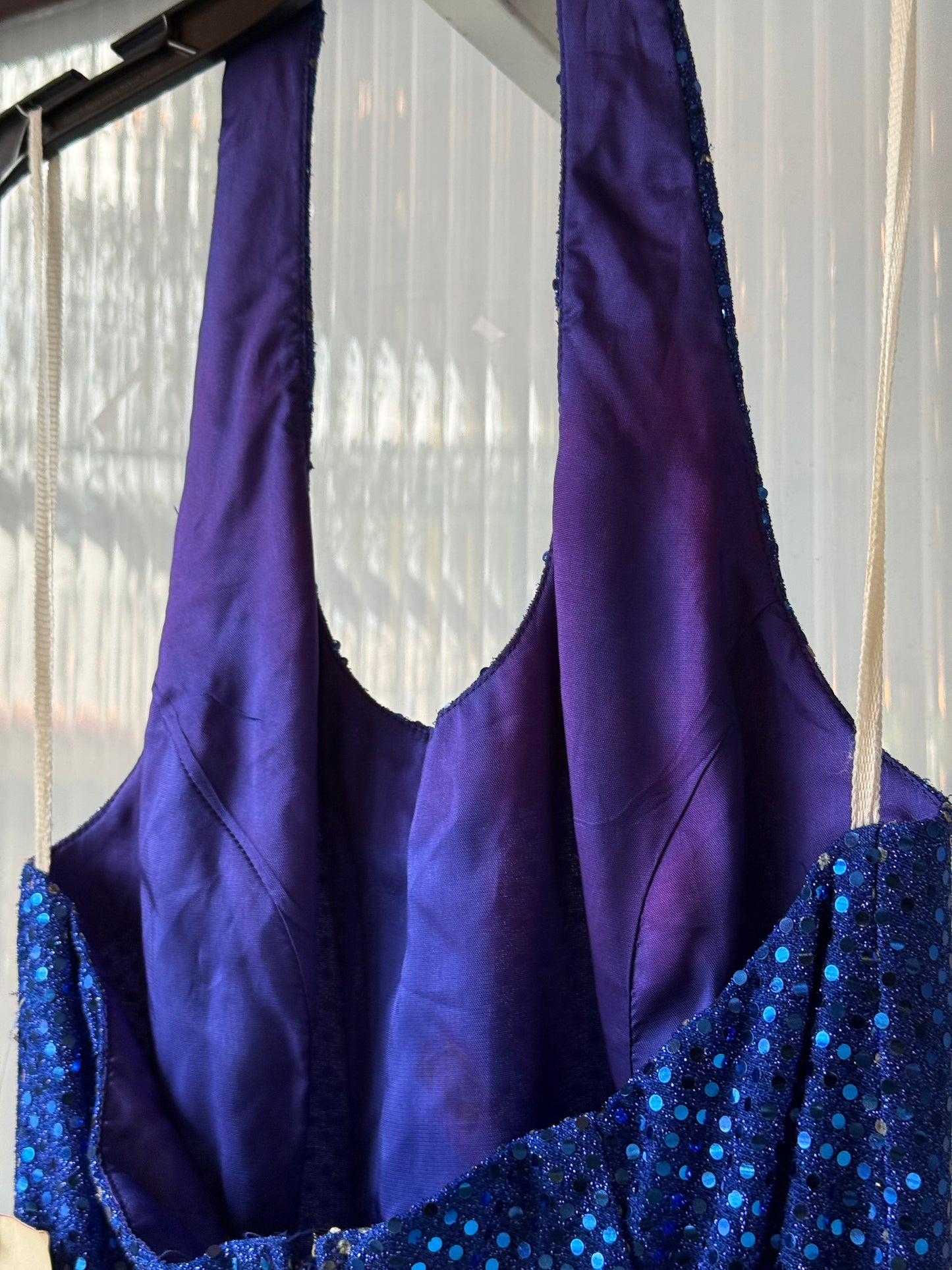1990s Blue Sequin Disco Halter Top Gown