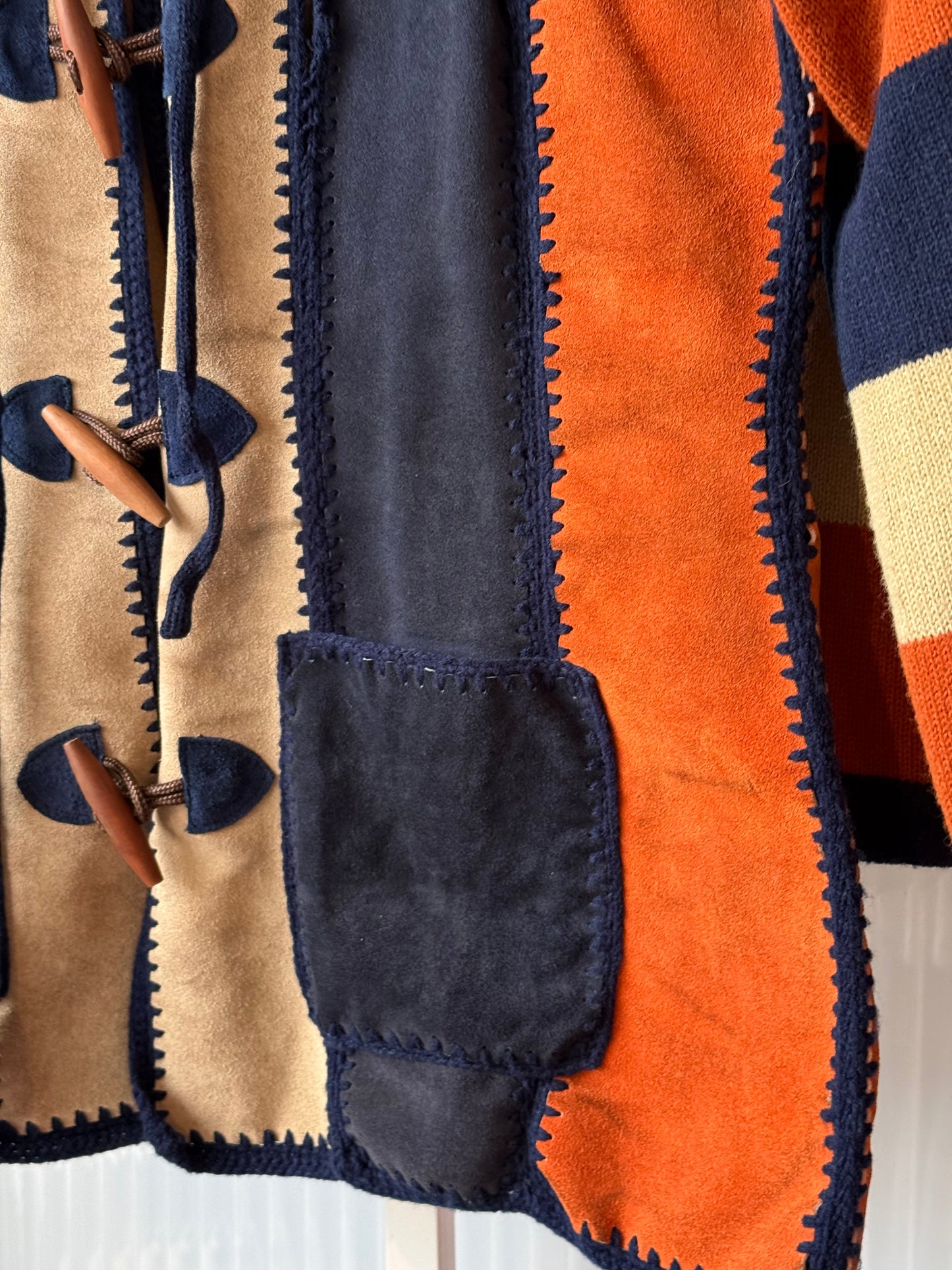 1970s Blue & Orange Suede Coat w/ Knitted Hood & Sleeves