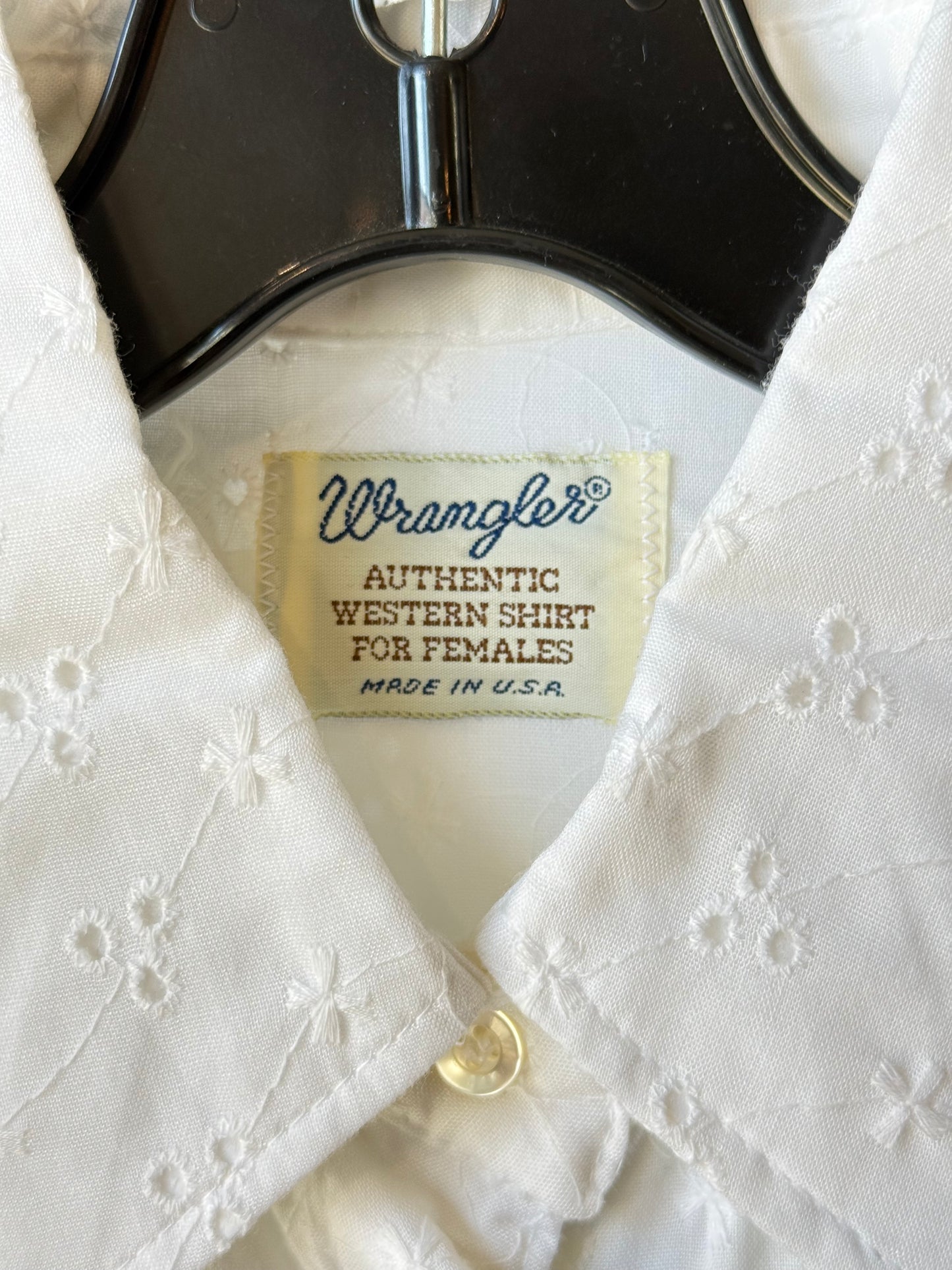 1970s Wrangler White Eyelet Western Shirt with Pearl Snaps