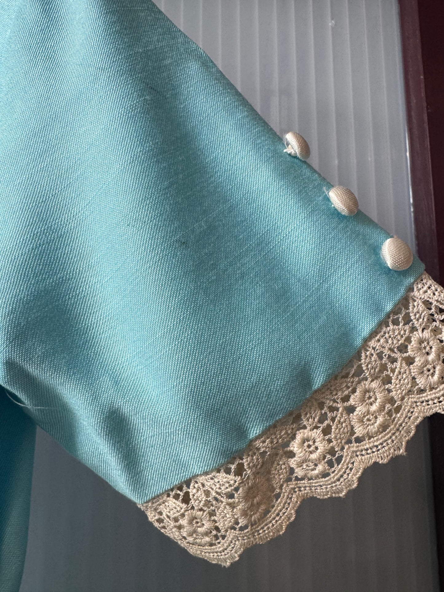1960s Robins-Egg-Blue Empire-Waist Dress with Lace Trim