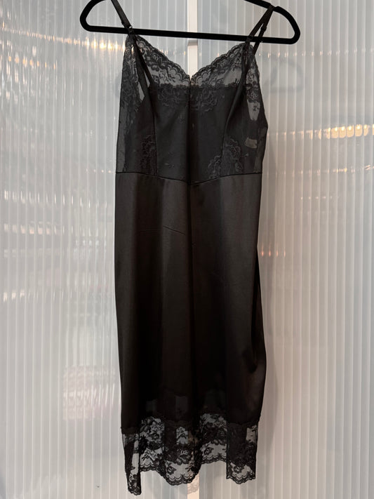 1970s Black Slip with Floral Lace Trim