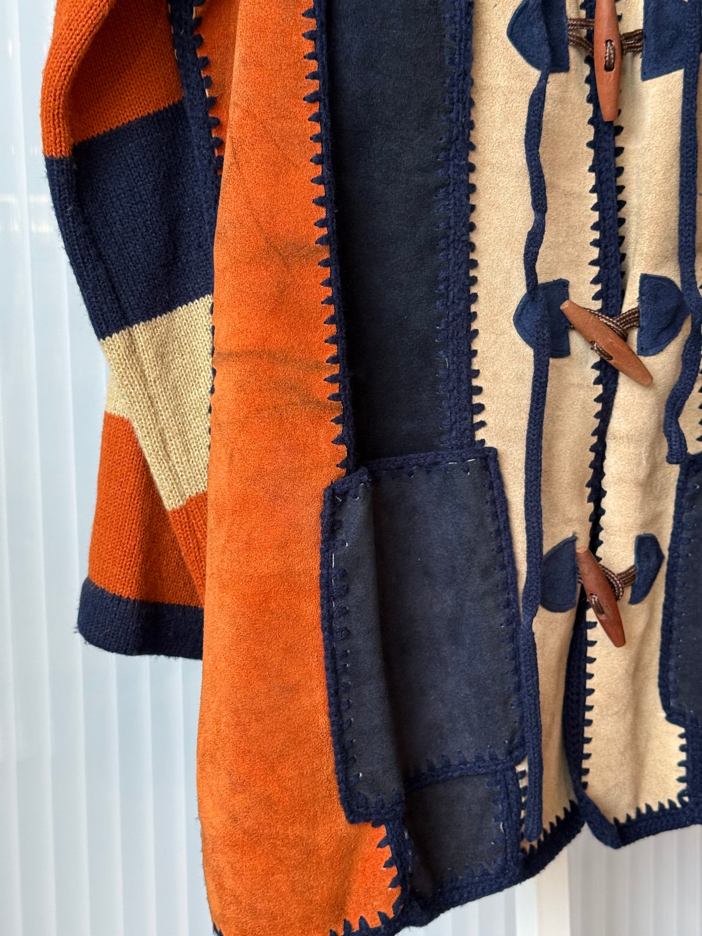 1970s Blue & Orange Suede Coat w/ Knitted Hood & Sleeves