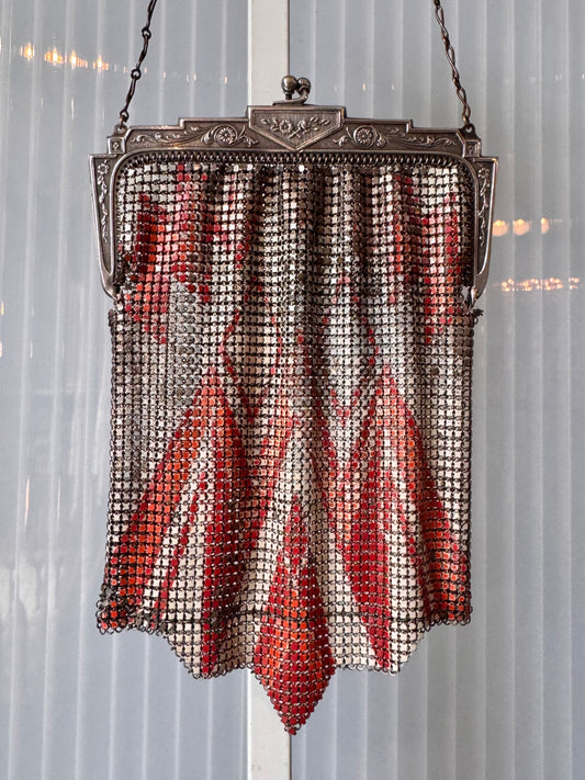 1920s White & Red Metal Mesh Flapper Purse