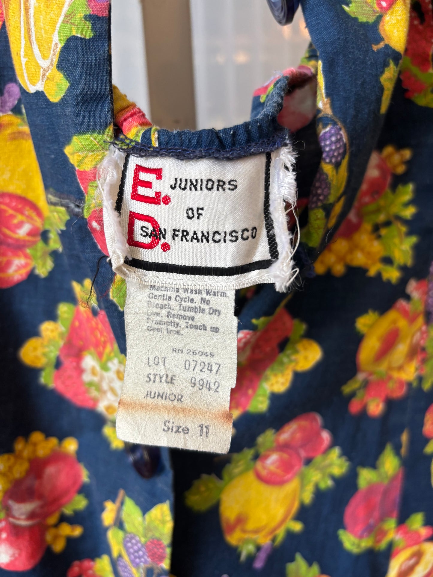 1970s Navy Blue Fruit Print Halter Dress