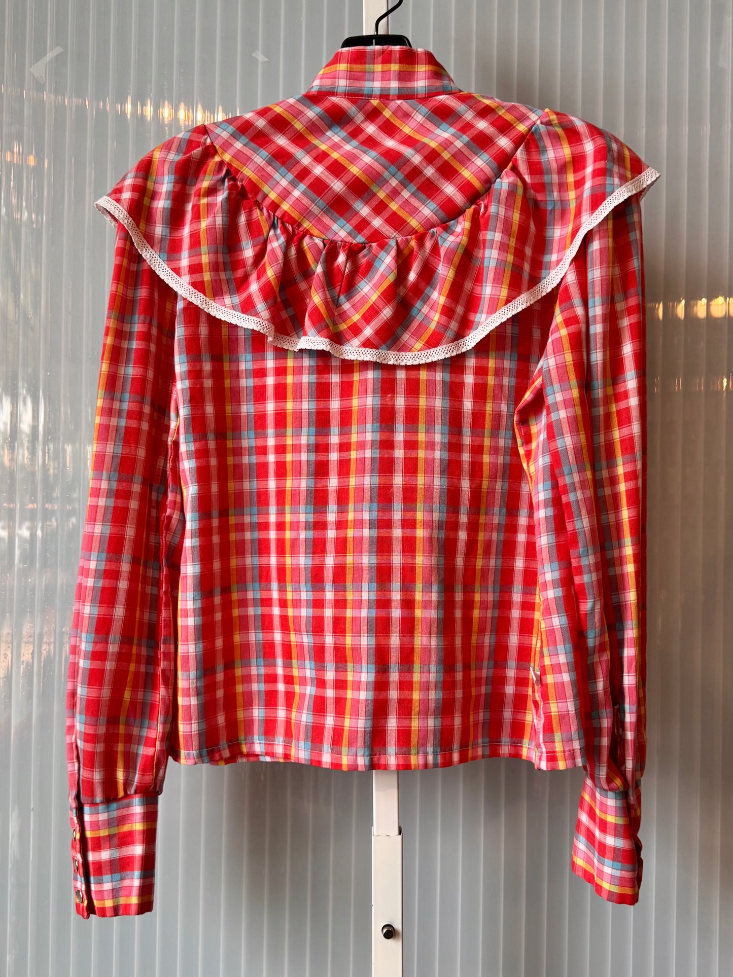 1970s Wrangler Red Plaid Ruffled Button-up Shirt