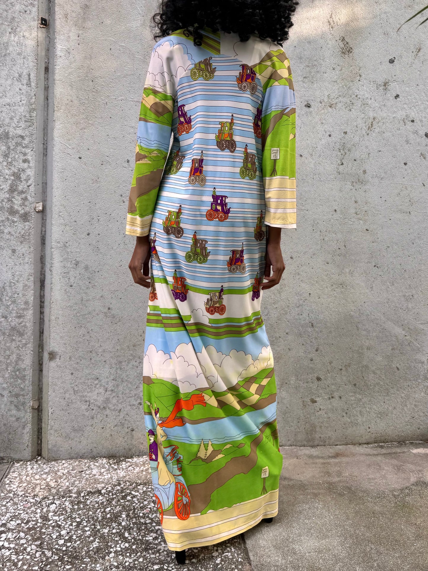 1970s Blue & Green Carriage Print Zip Dress