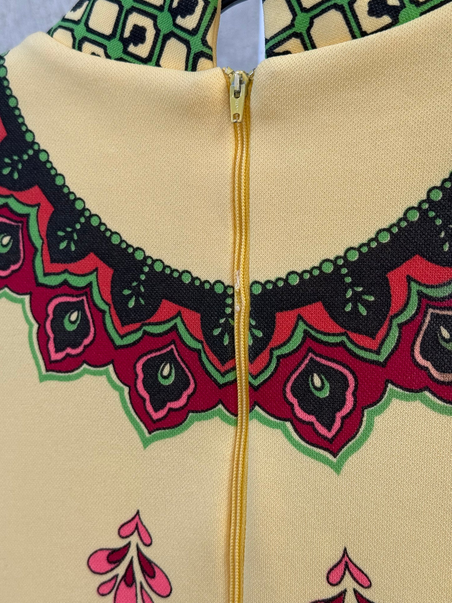 1970s Yellow Maxi Dress w/ Ornate Droplet Print