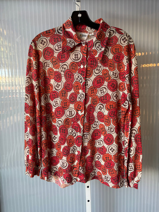 1970s Button Print Long Sleeve Button-Up Blouse