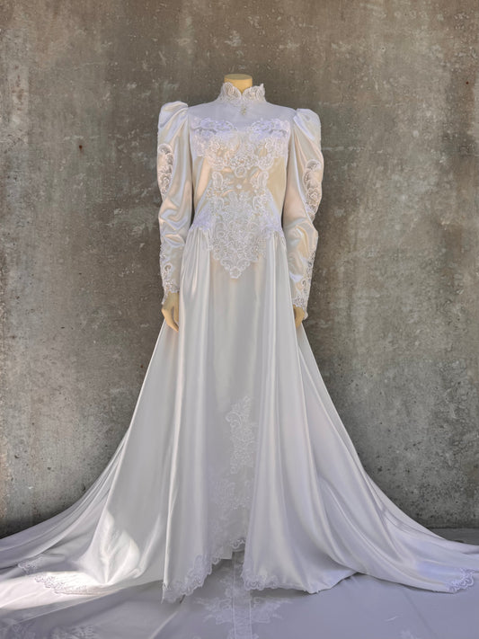 1980s White Beaded Embroidered Satin Wedding Dress