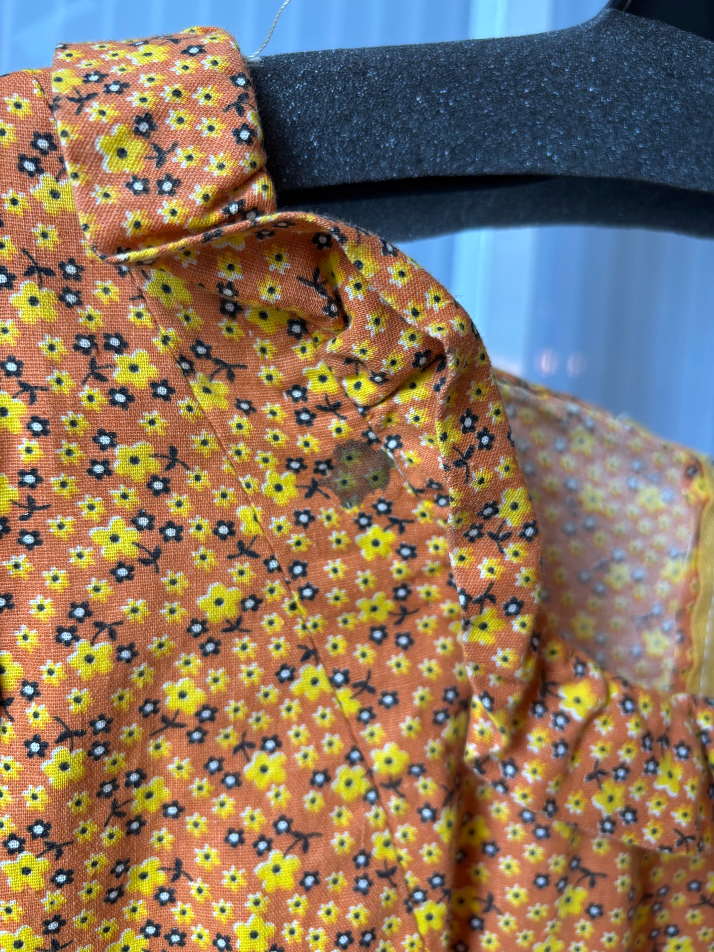 1970s Kid's Orange & Yellow Floral Print Blouse, Skirt, & Bonnet Set