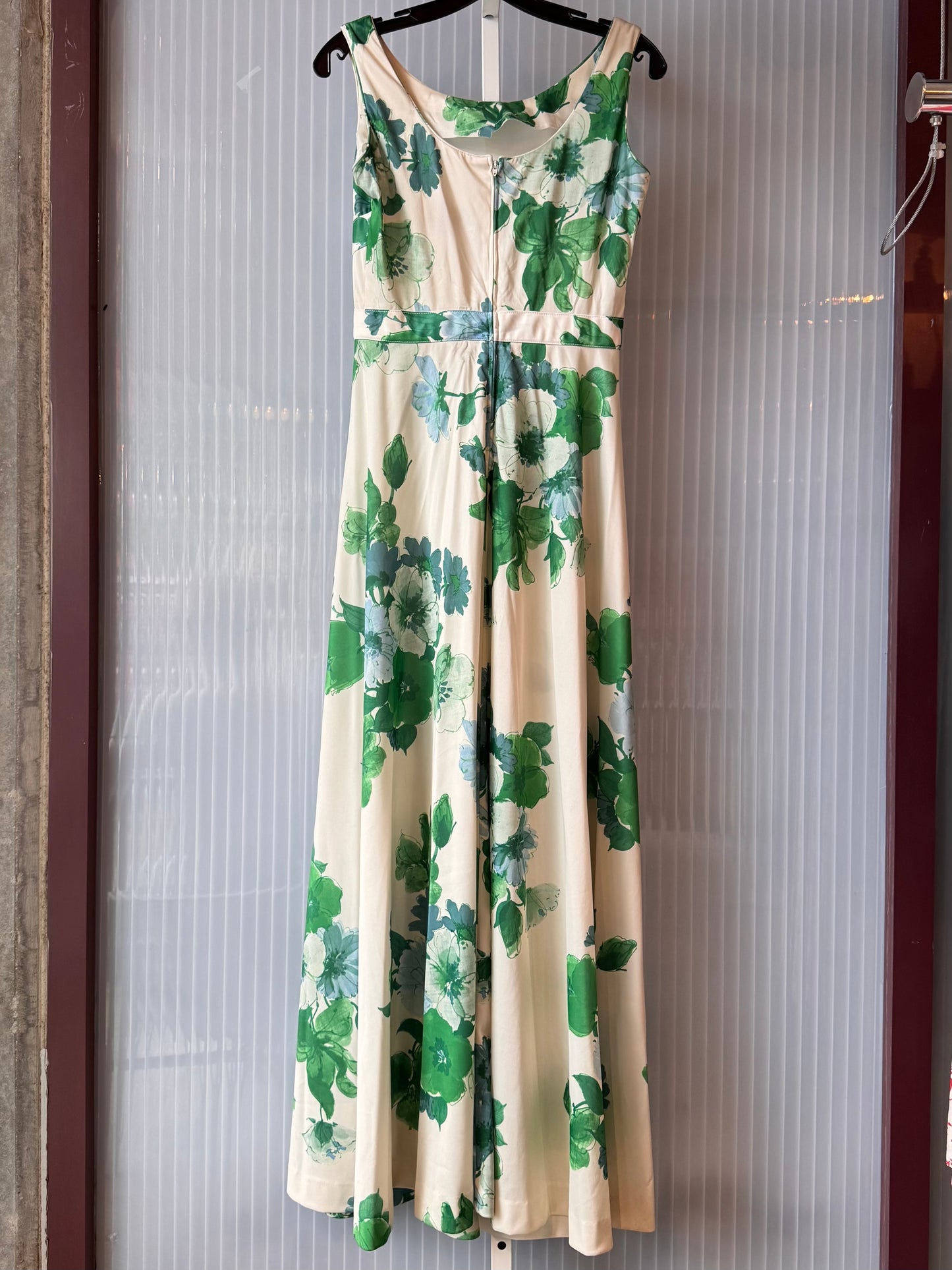 1970s White Gown with Blue & Green Florals