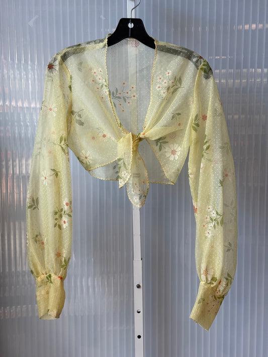 1970s Yellow Sheer Swiss Dot Floral Long-Sleeve Wrap