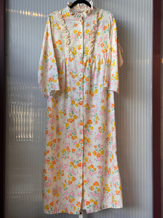 1960s White Pastel Floral Print Loungewear Dress