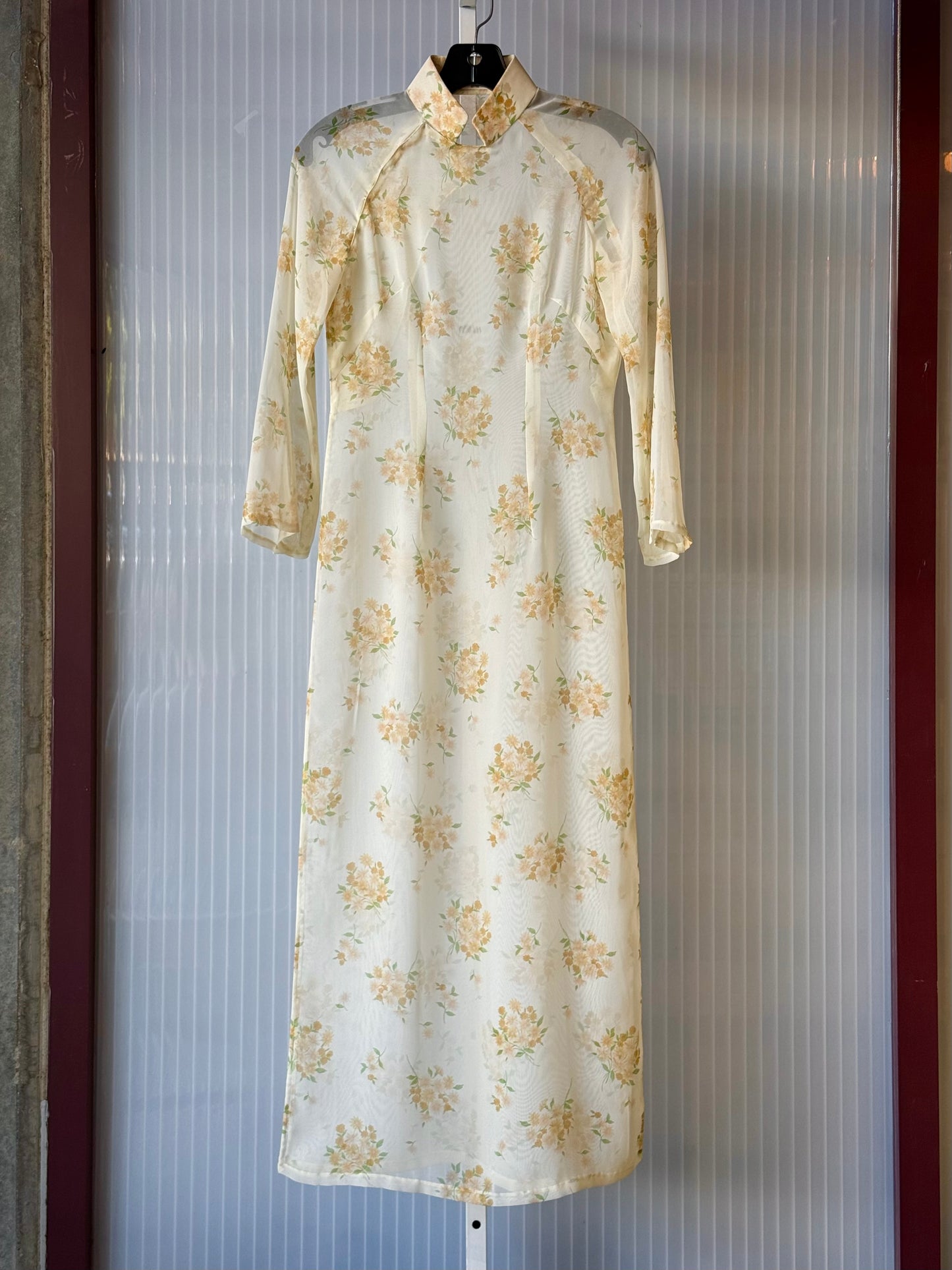 1970s Yellow Floral Sheer Ao Dai & Gold Satin Pants Set