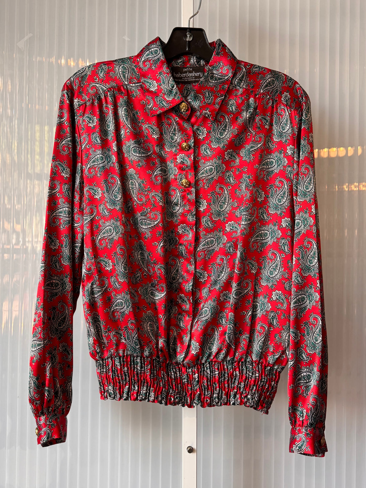 1980s Paisley Print Red Satin Blouse