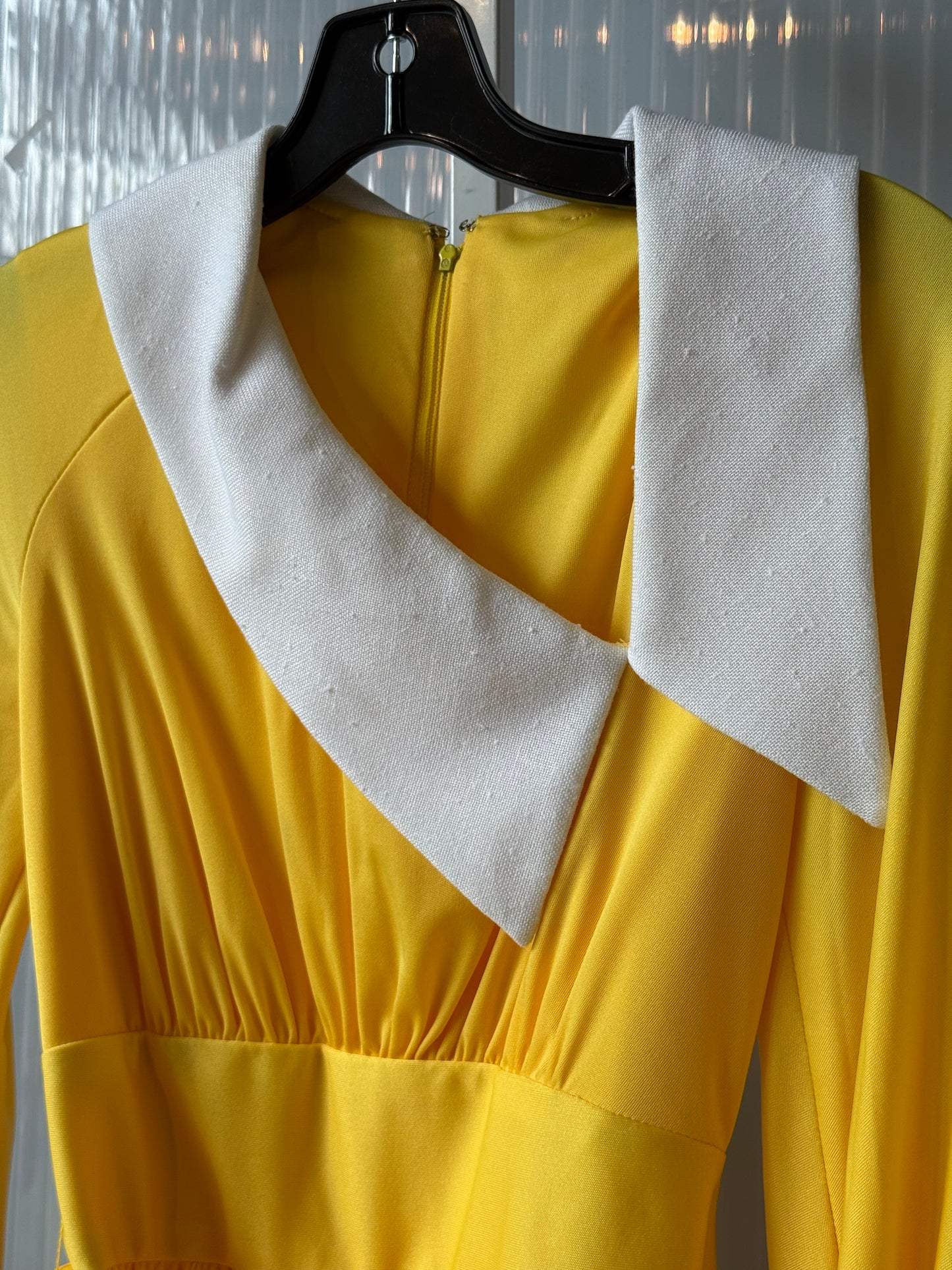 1970s Vibrant Yellow Dress w/ Asymmetrical Collar