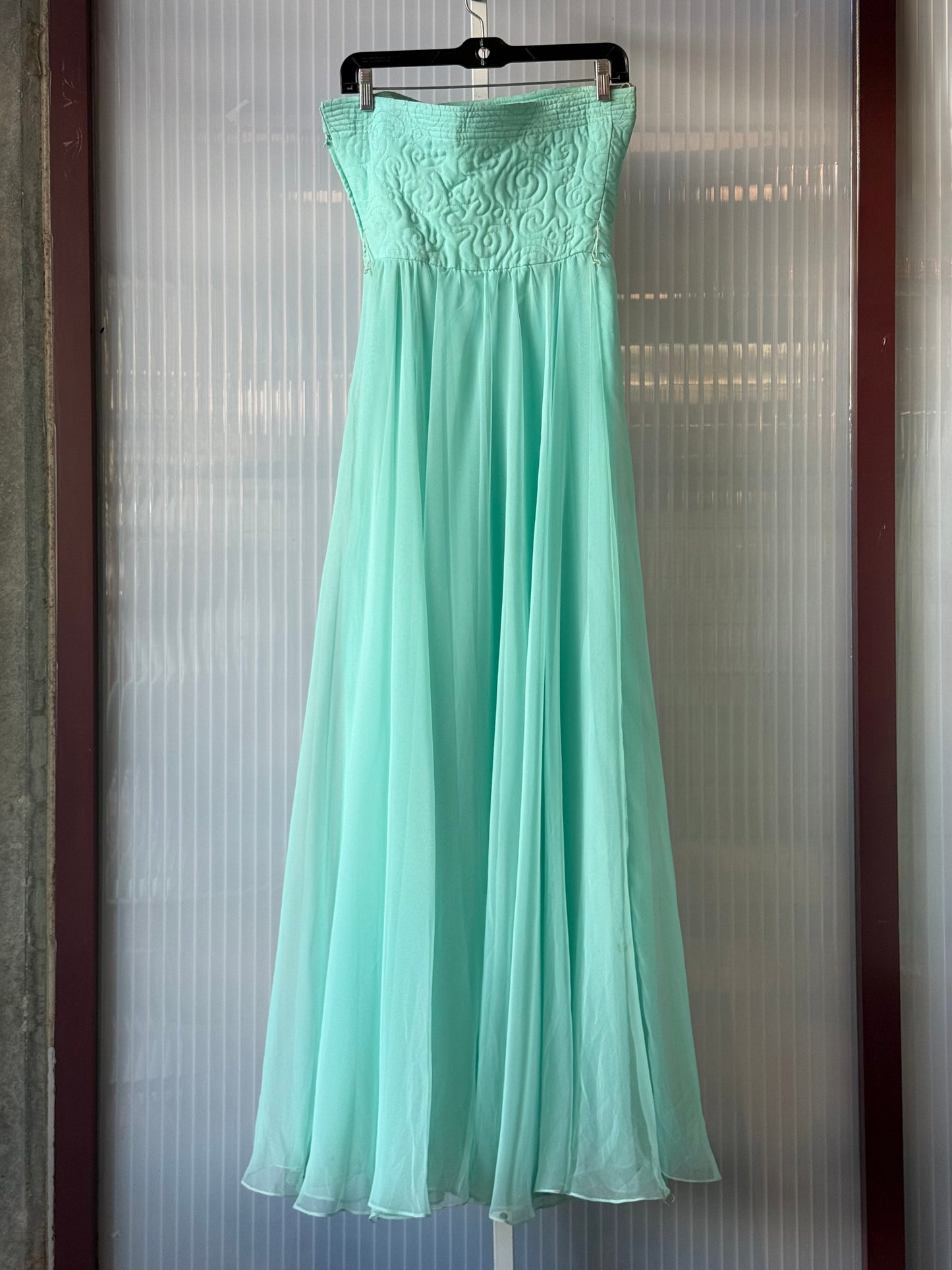 1970s Aqua Blue Empire Waist Flowing Evening Gown