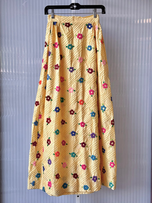 1970s Butter Yellow Pintuck Grid Skirt w/ Flower Embroidery