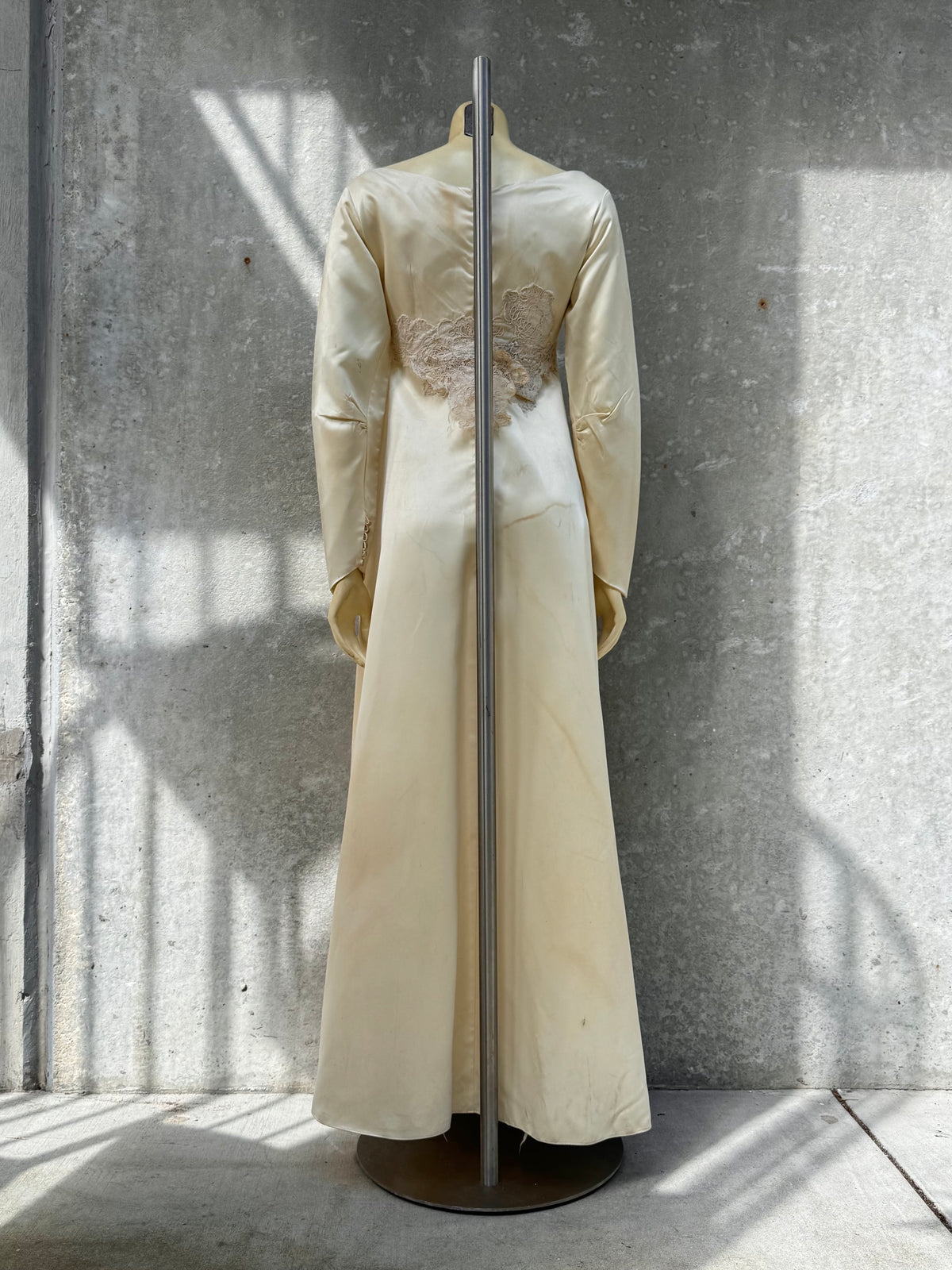Late 1960s / Early 1970s Cream Satin & Lace Wedding Dress