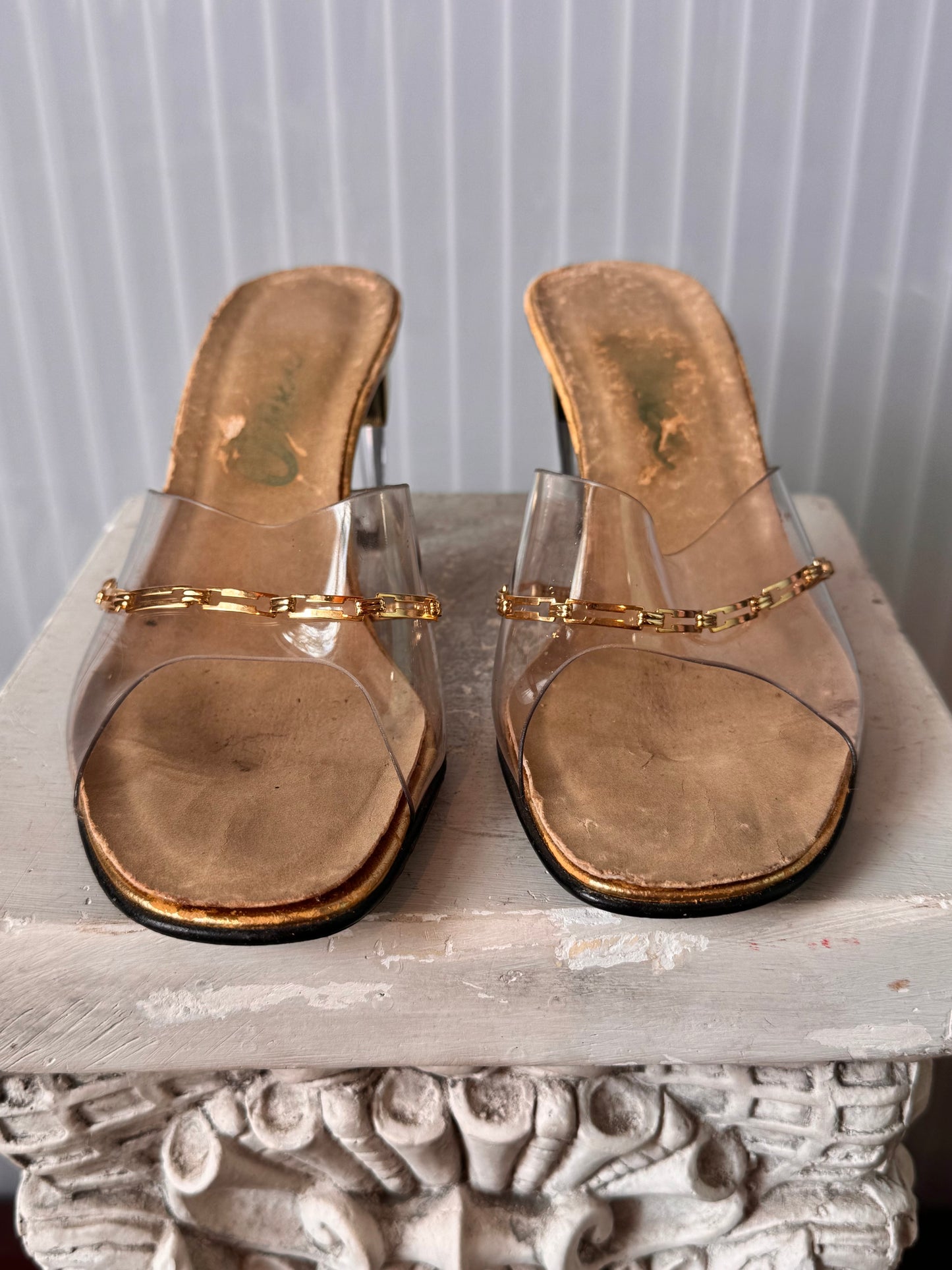 1970s Gold-Chain Peep-toe Mule Heels