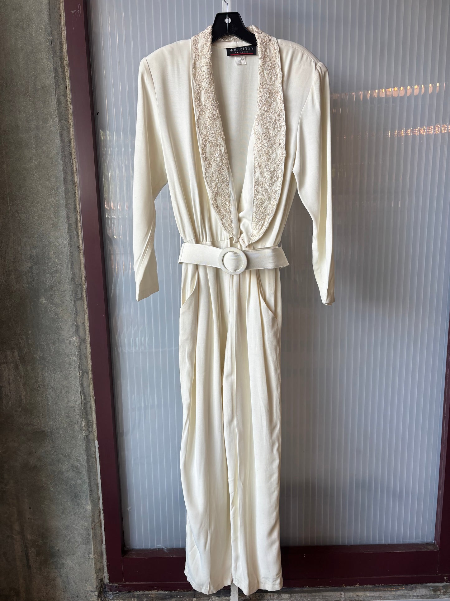 1980s Ivory Jumpsuit w/ Beaded Oversized Lapel