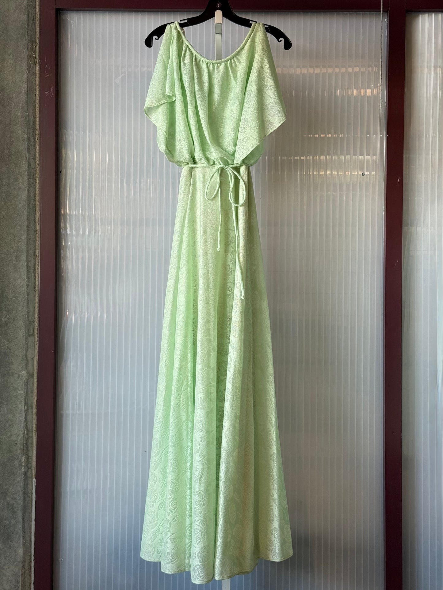 1970s Pistachio Burnout Floral Flowing Empire Waist Gown
