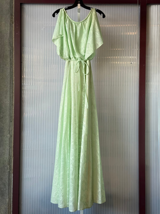 1970s Pistachio Burnout Floral Flowing Empire Waist Gown