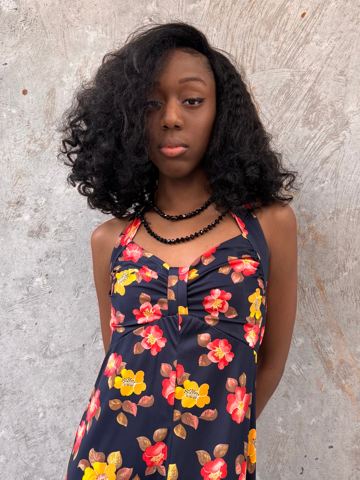 1970s Red & Yellow Floral Black Halter Dress