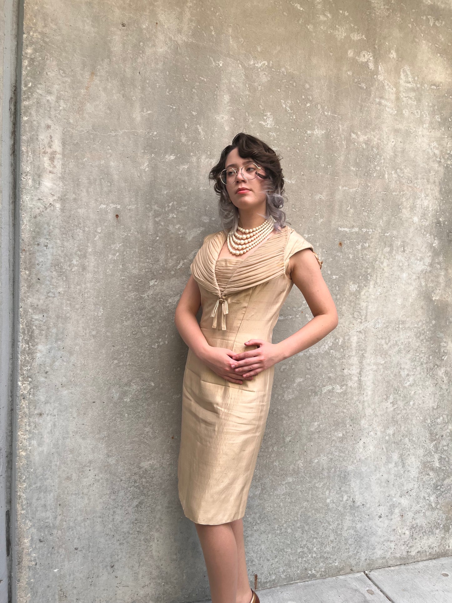 1950s / 1960s Champagne Silk Cocktail Dress