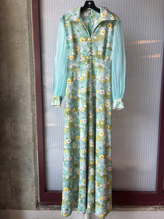 1970s Pastel Floral Collared Dress w/ Sheer Sleeves