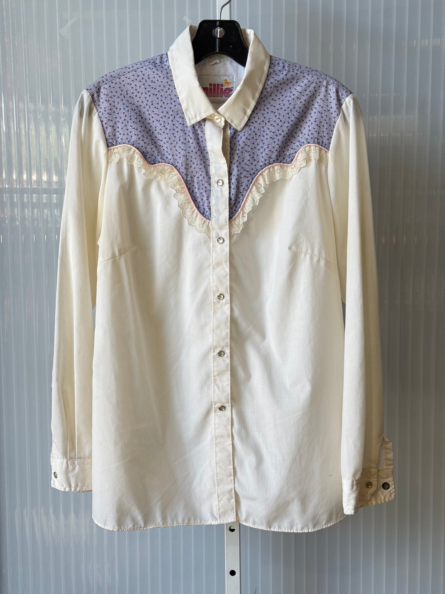 1970s Pearl Snap Western Blouse w/ Floral Yoke & Lace Trim