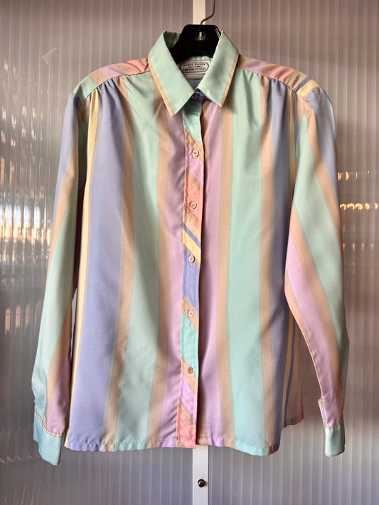 1970s Pastel Striped Button Up Blouse