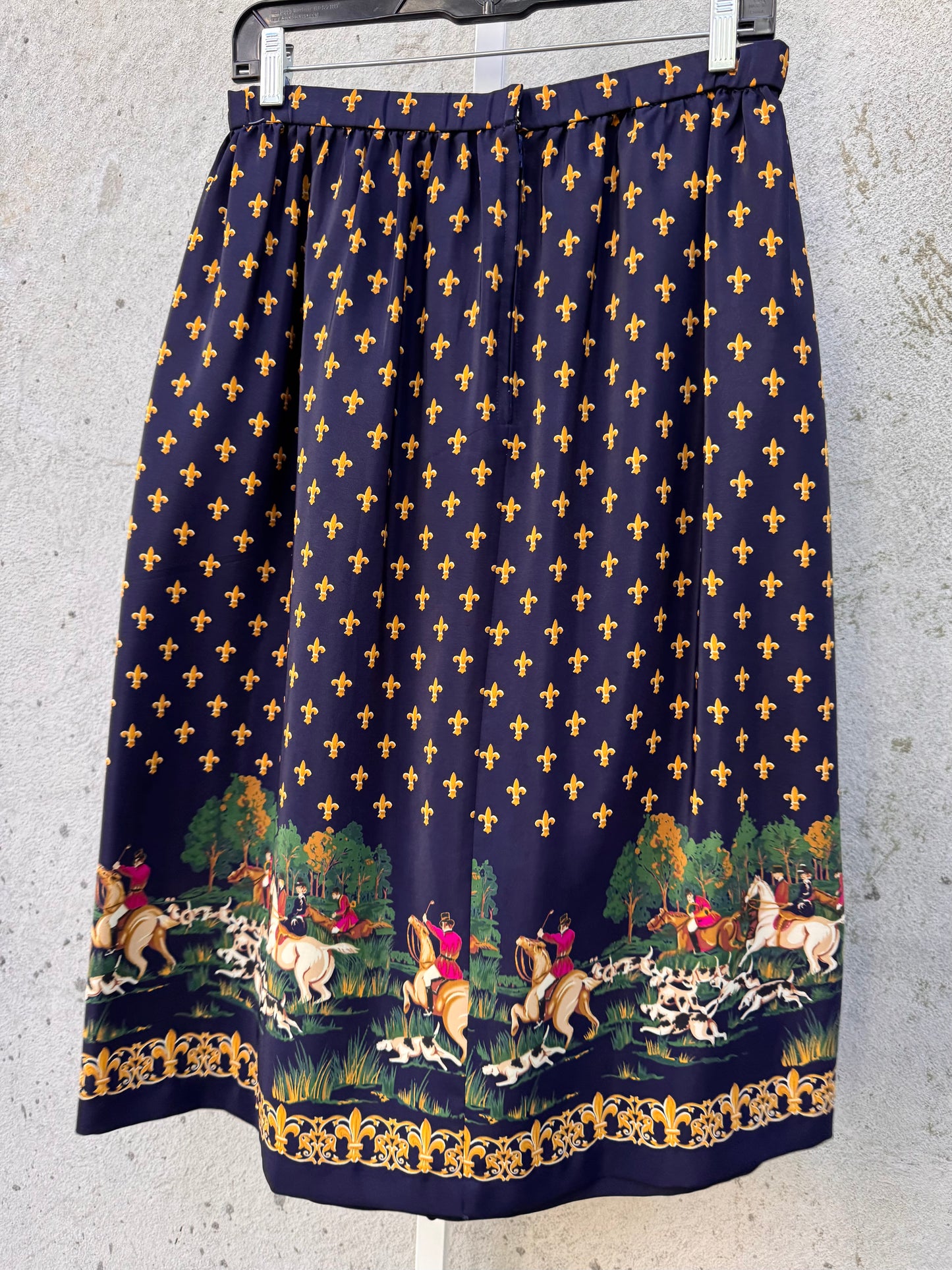 1980s Navy Blue Fox Hunting Print Midi Skirt