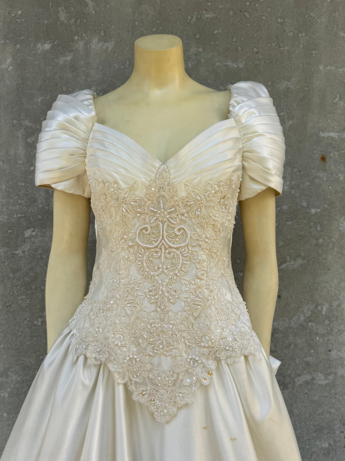 1980s Off-White Satin & Lace Princess Wedding Dress