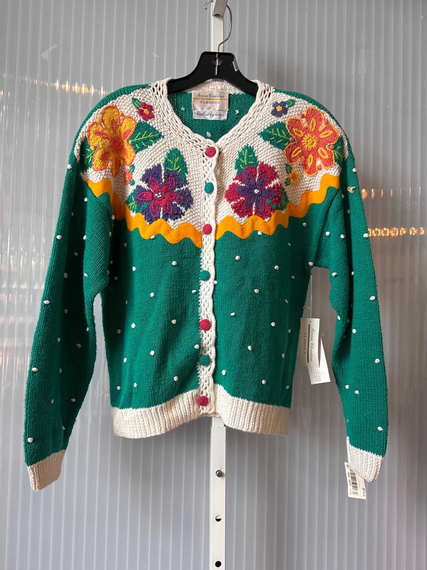1980s Teal Knit Cardigan with Colorful Florals