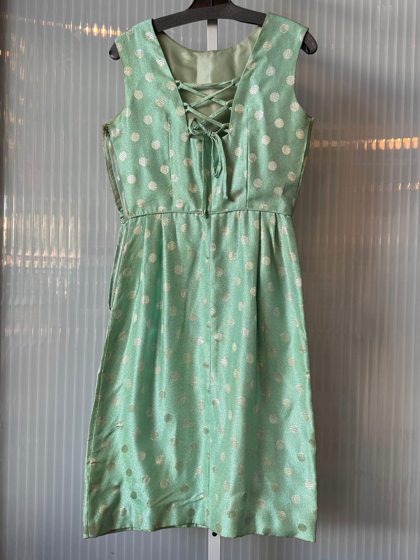 1960s Metallic teal & Silver Polka Dot Dress