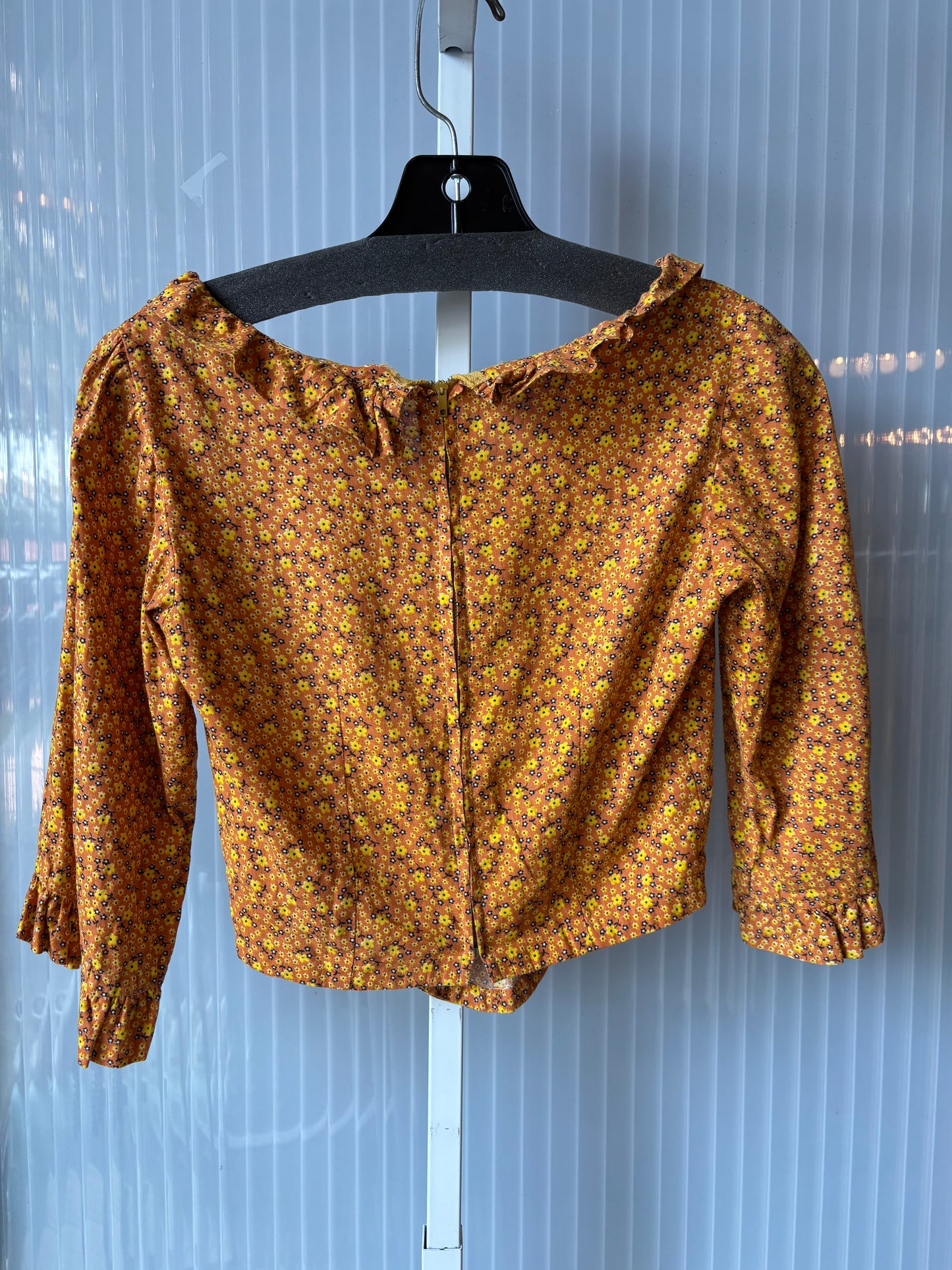 1970s Kid's Orange & Yellow Floral Print Blouse, Skirt, & Bonnet Set