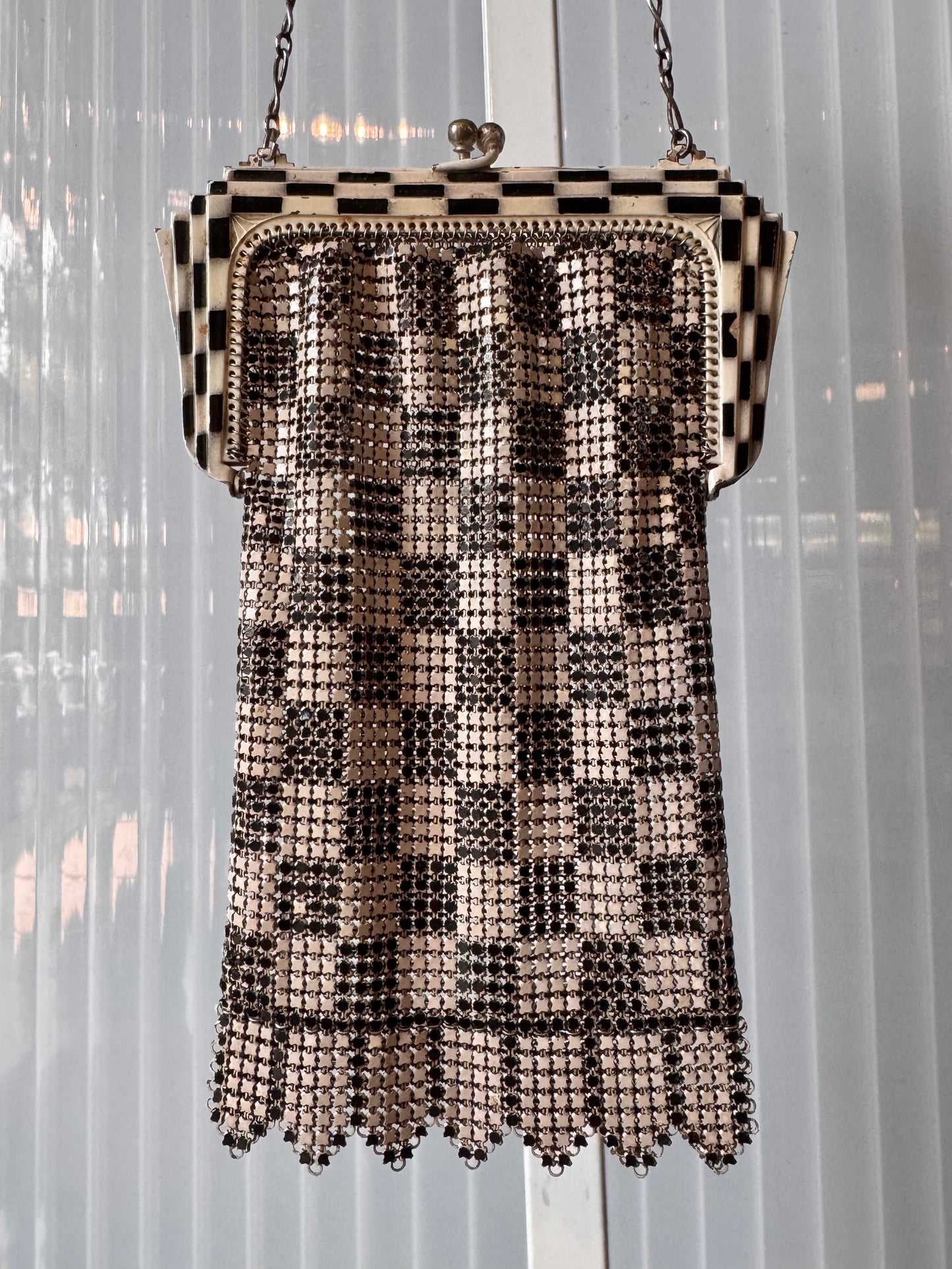 1920s White & Black Checkerboard Metal Mesh Flapper Purse