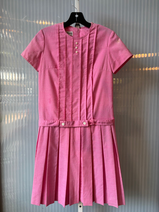 1960s Pink Pleated Drop Waist Dress