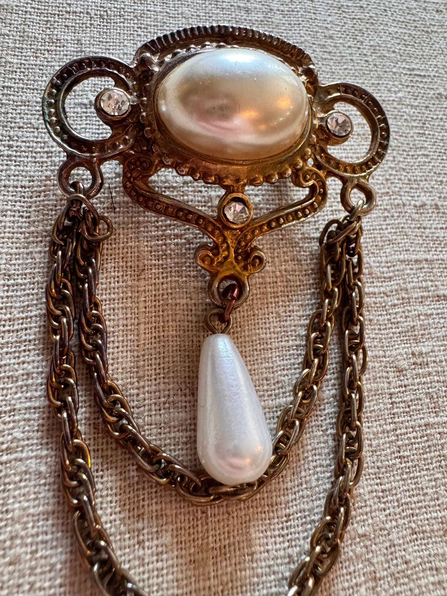 Gold Pearl and Rhinestone Edwardian Brooch