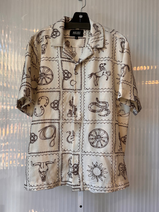 2020s Cream & Taupe Western Embroidered Shirt