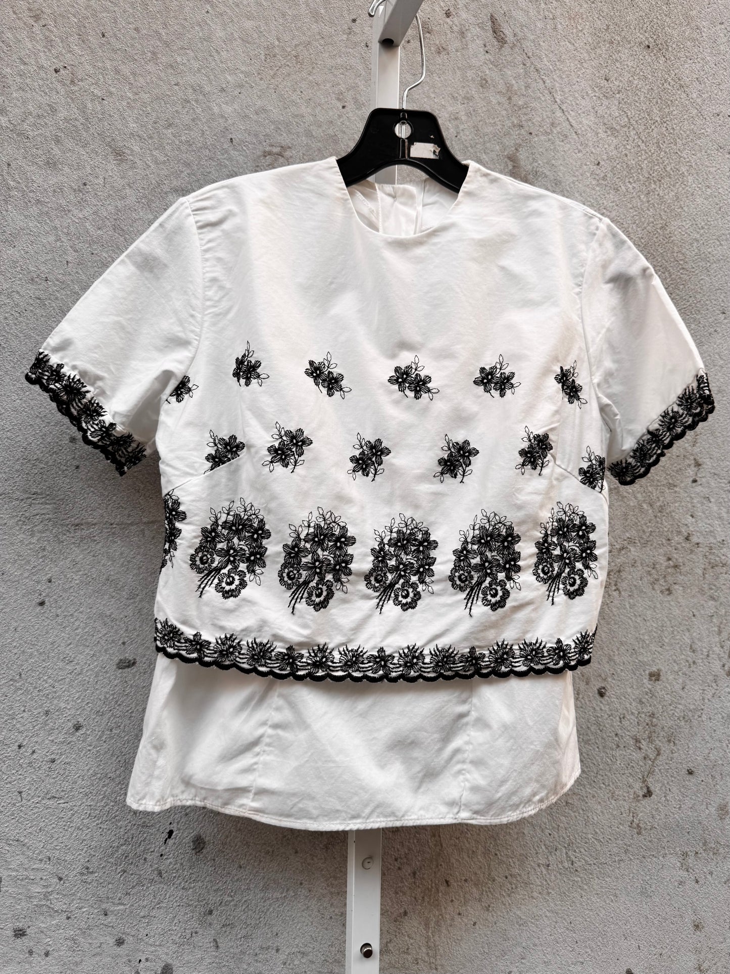 1970s White Layered Blouse with Black Floral Embroidery