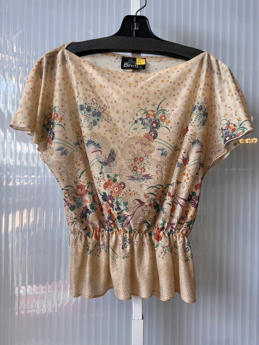 1980s Tan Flora & Fauna Print Blouse