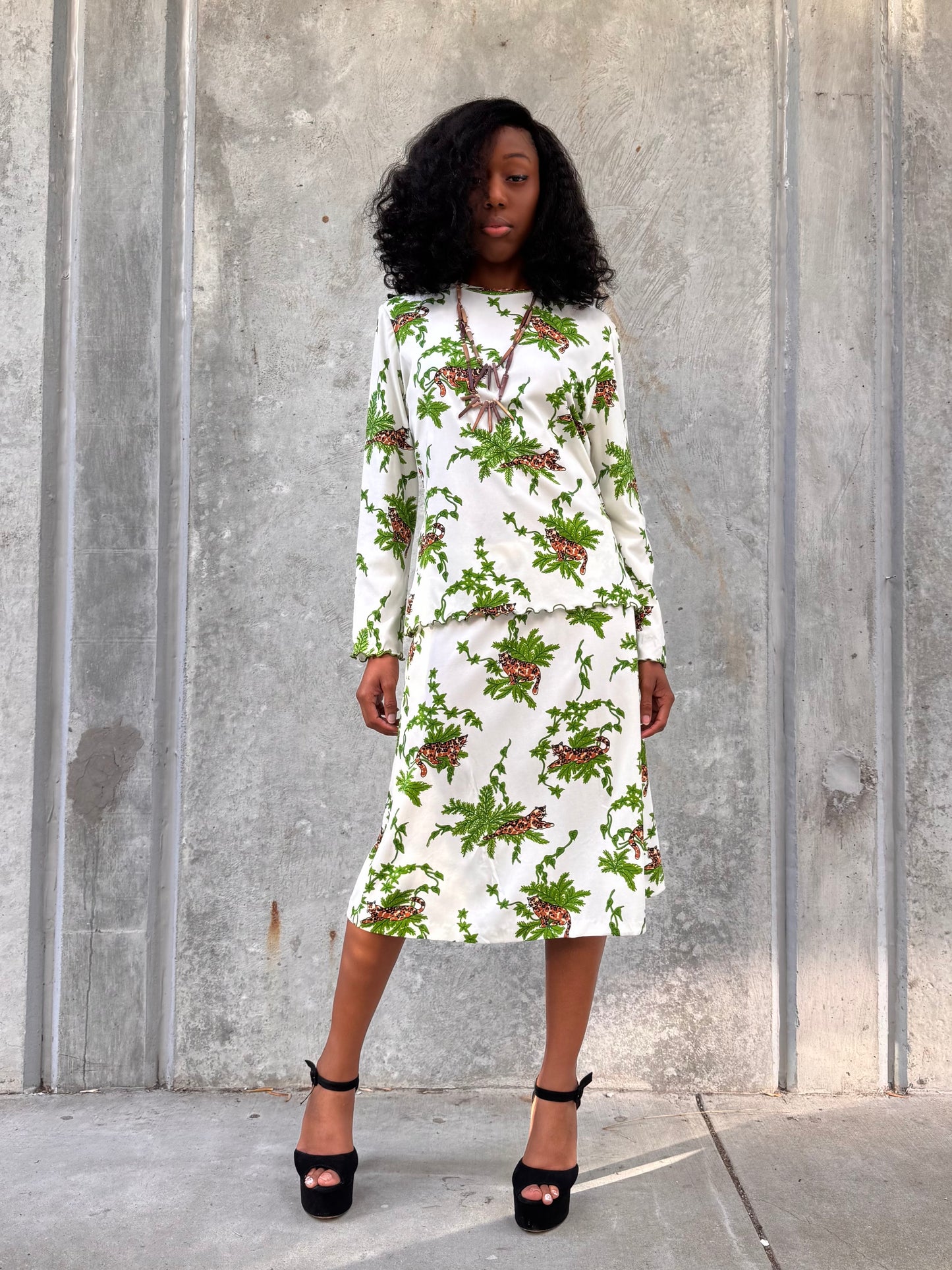 1970s White & Green Jaguar Print Top & Skirt Set