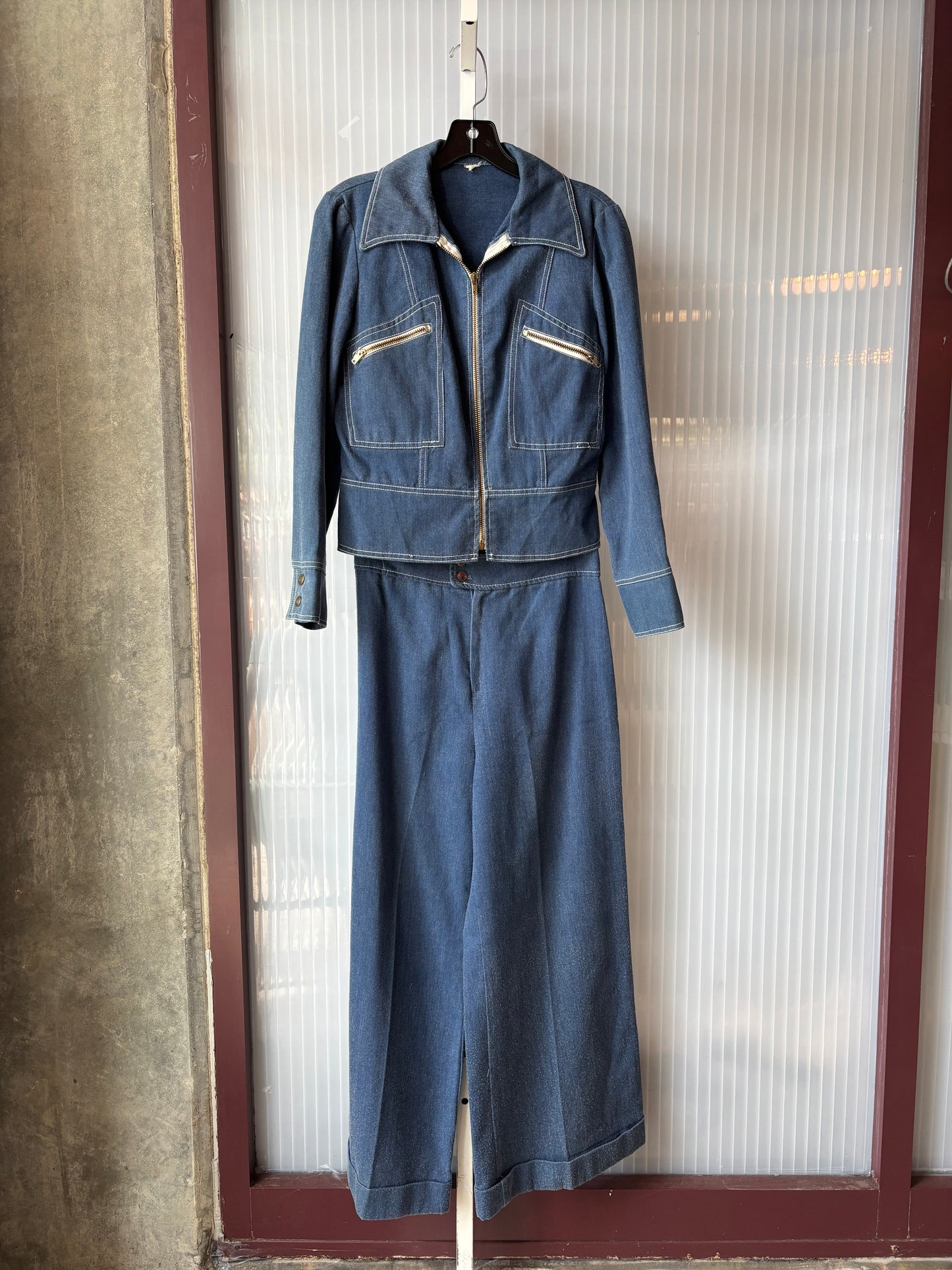 1970s Denim & White Contrast Stitch Jacket & Bellbottom Pants Set