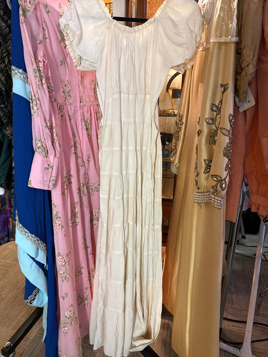 1930s/40s Cream Short Sleeve Full Length Puff Sleeve Dress w/ Elastic Top