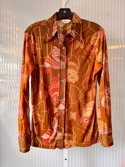 1970s Brown & Orange Point Collar Button Up Shirt
