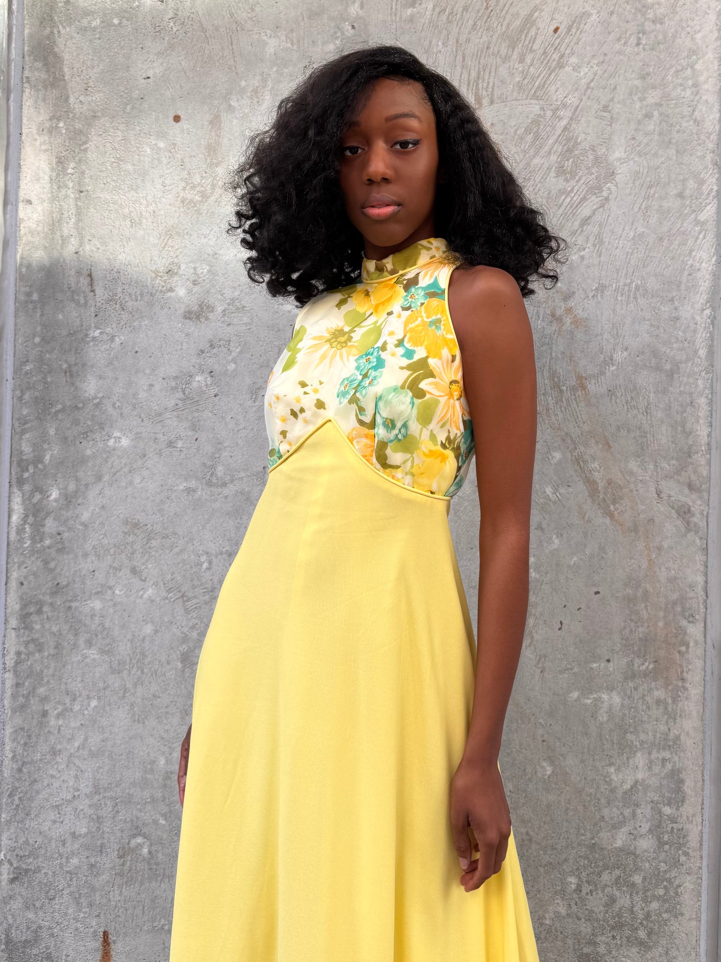 1960s Yellow Floral Empire Waist Dress with Hooded Jacket