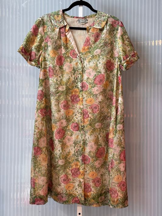 1950s Pink & Green Floral Button Front Nightgown