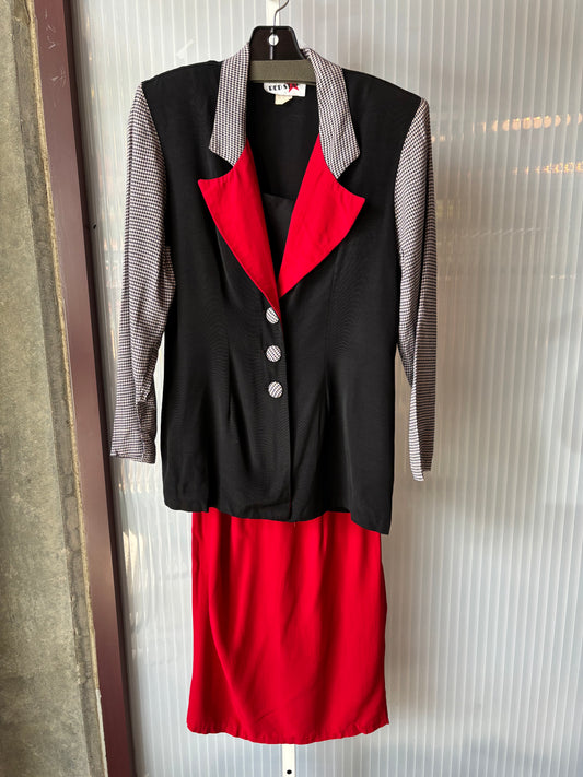 1980s Black & White Gingham Blazer & Red Skirt Set